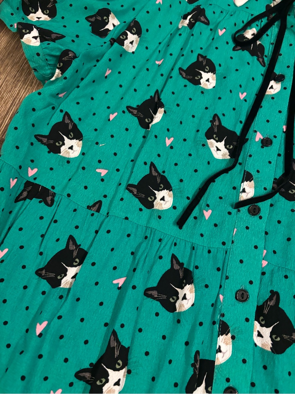 Hell Bunny Love Cat Face Lady Mini Dress White Collar Black Bow Smocked Teal 2XL - Picture 4 of 10